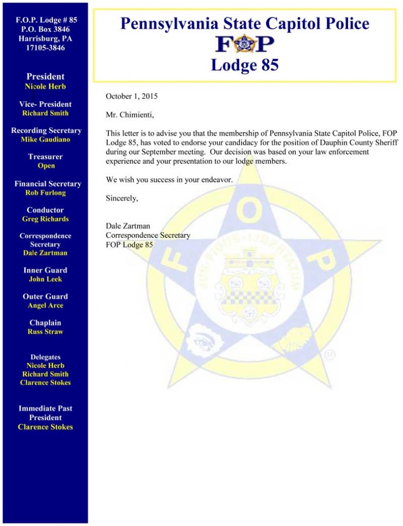 Pennsylvania State Capitol Police FOP Lodge 85 Endorse Nick Chimienti for Sheriff